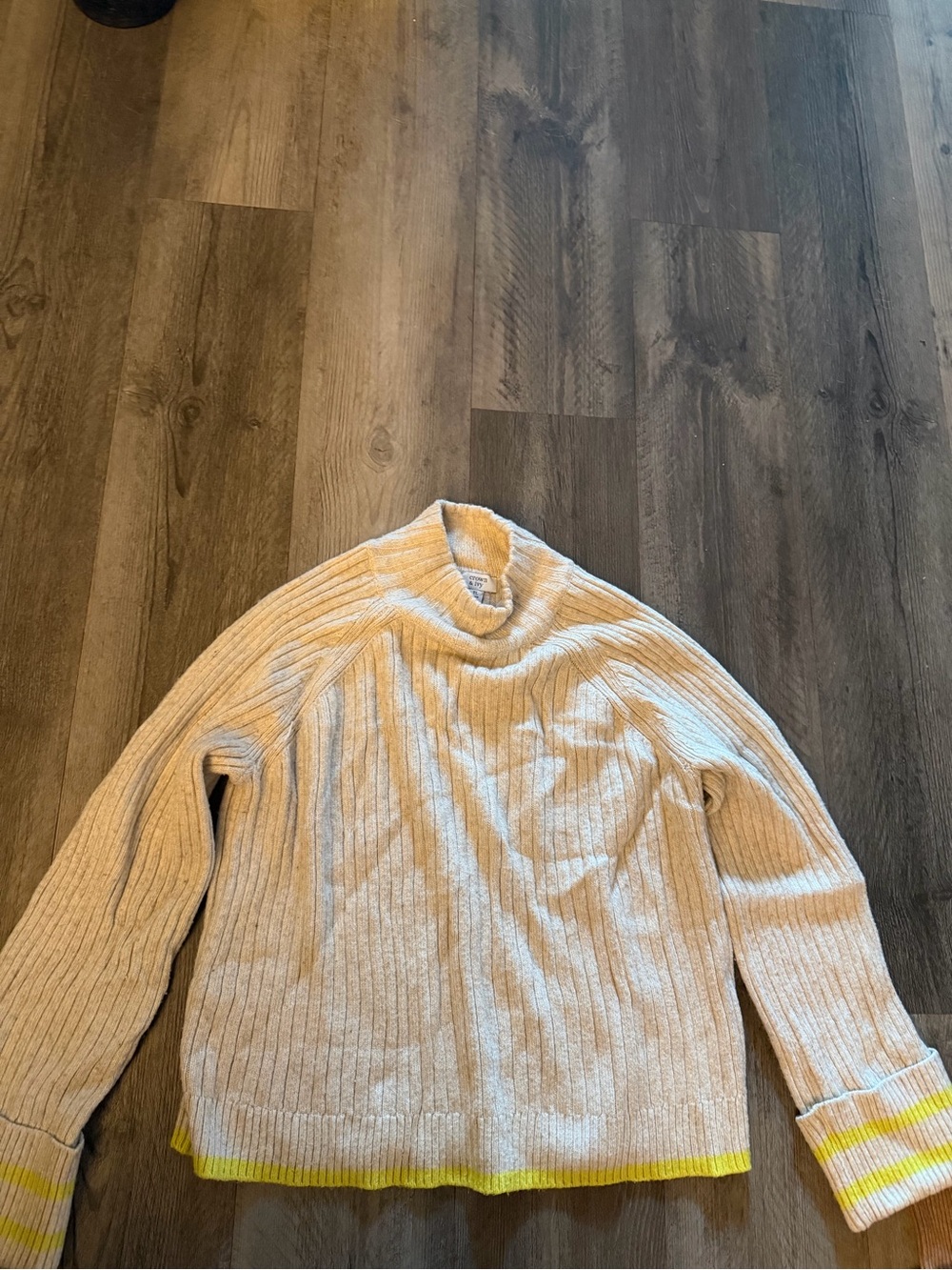 crown & ivy Cream Ribbed Turtleneck Sweater with Yellow Trim